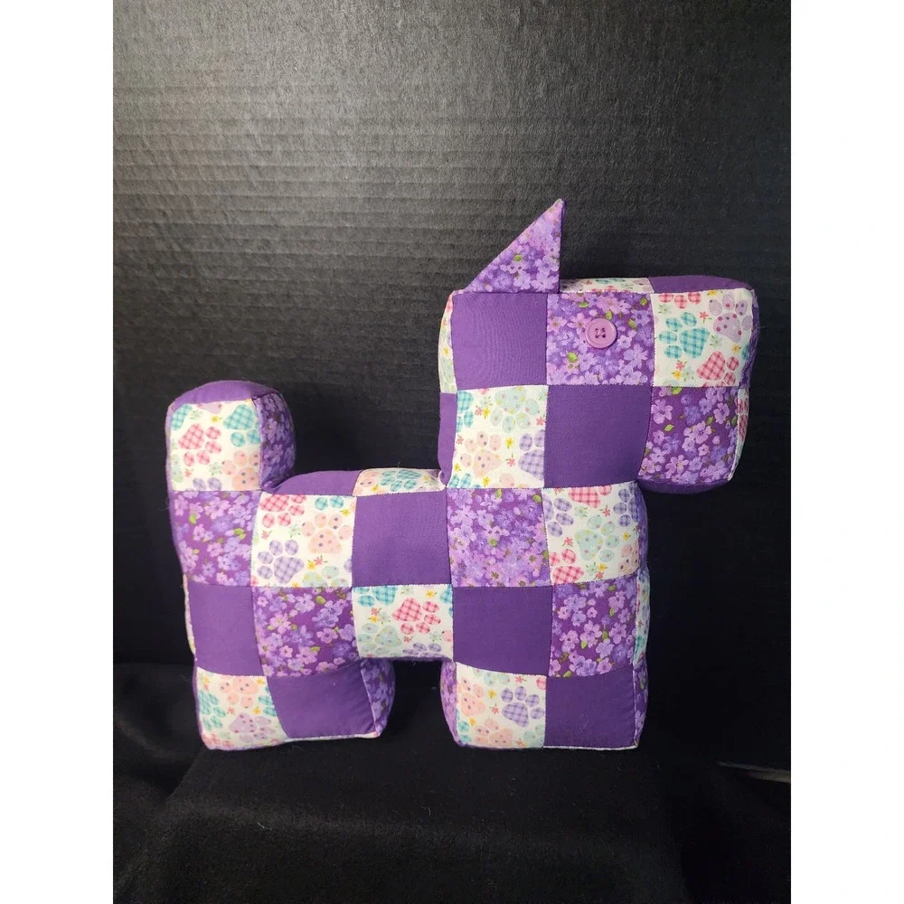 Handmade Patchwork Dog Plush Pillow Purple Floral Paw Print Quilted Decor 10in